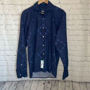 Peter Millar Flex Finish Navy Blue Long Sleeve Paisley Dress shirt Medium New